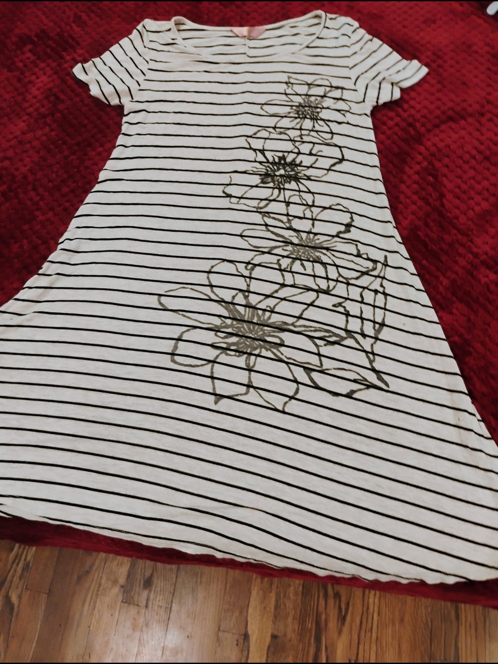 ✨ SJS Beige & Black Striped Floral Short Sleeve Mini Dress S ✨